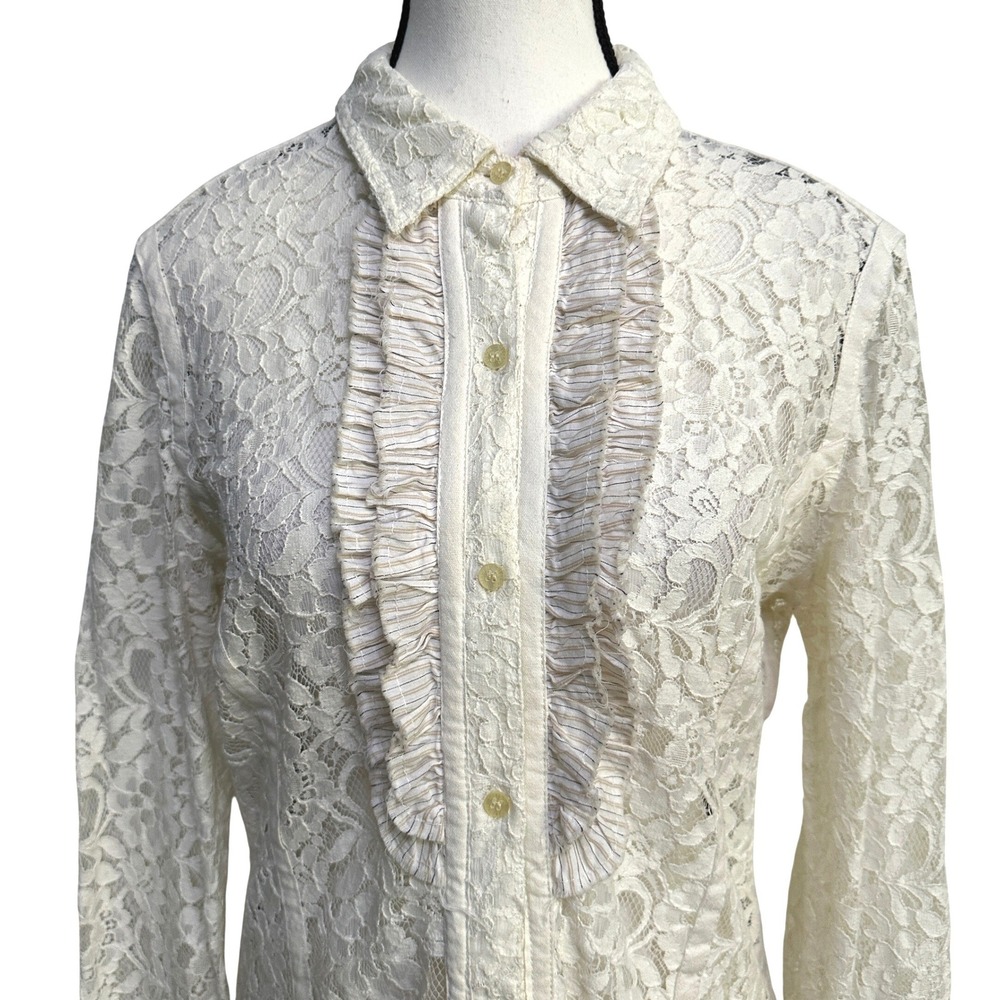 Stetson Lace Western Shirt Womens L Cream Ruffle Coastal Cowgirl Victorian Boho - Picture 3 of 12